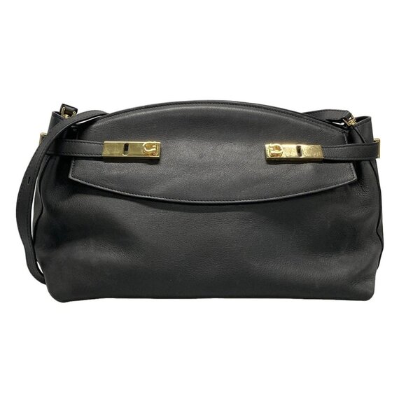 Auth Salvatore Ferragamo Gancini Black Leather Shoulder Bag - Picture 1 of 16